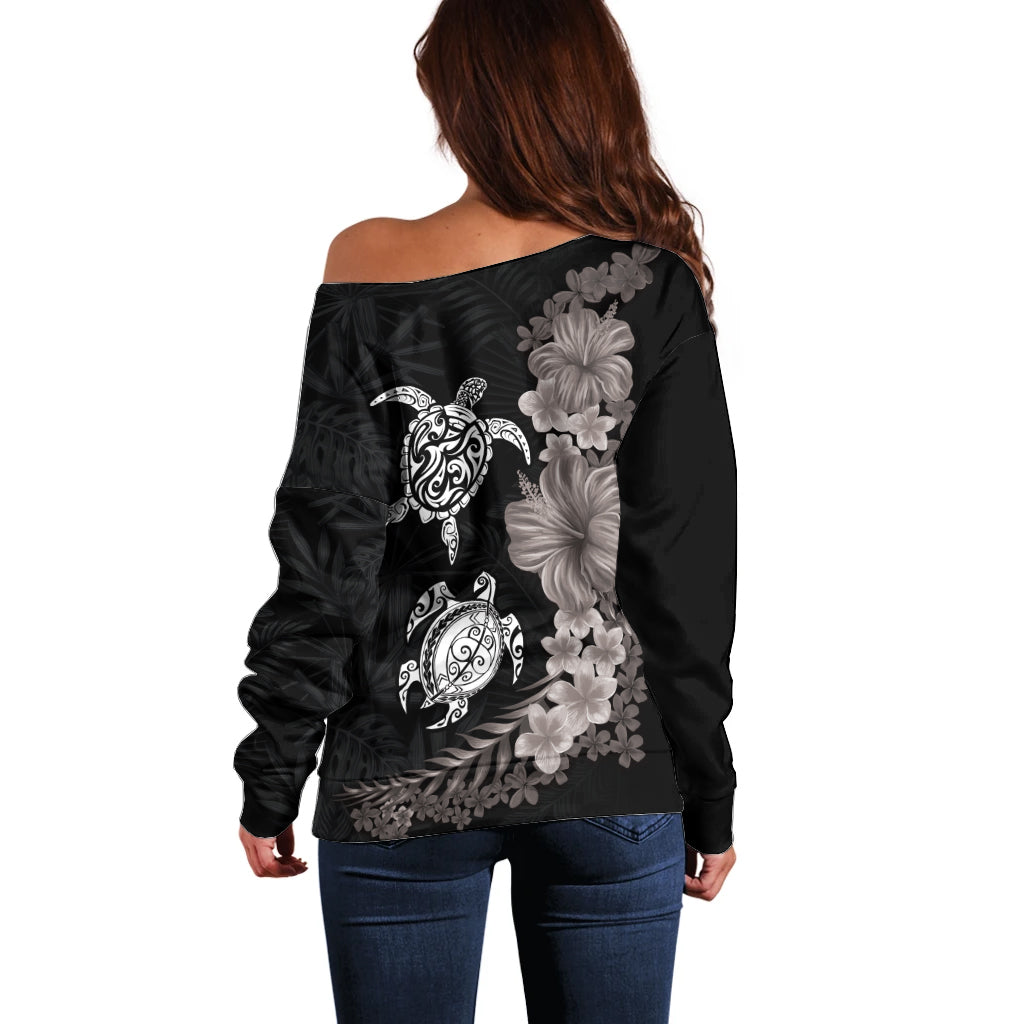 Hawaiian Flower and Tribal Turtle Off Shoulder Sweater Grayscale Mode LT03 - Polynesian Pride