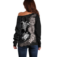 Hawaiian Flower and Tribal Turtle Off Shoulder Sweater Grayscale Mode LT03 - Polynesian Pride