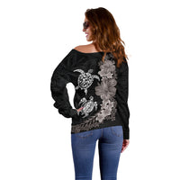 Hawaiian Flower and Tribal Turtle Off Shoulder Sweater Grayscale Mode LT03 - Polynesian Pride