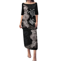 Hawaiian Flower and Tribal Turtle Puletasi Grayscale Mode LT03 Long Dress Black - Polynesian Pride