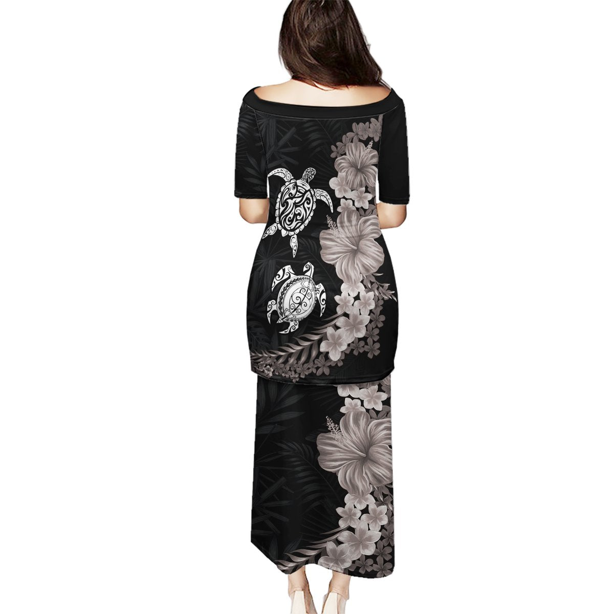 Hawaiian Flower and Tribal Turtle Puletasi Grayscale Mode LT03 - Polynesian Pride