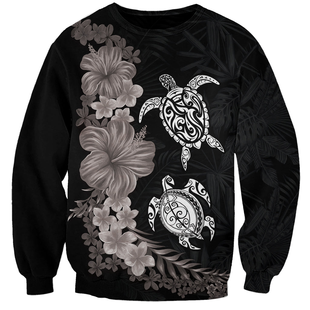 Hawaiian Flower and Tribal Turtle Sweatshirt Grayscale Mode LT03 Unisex Black - Polynesian Pride