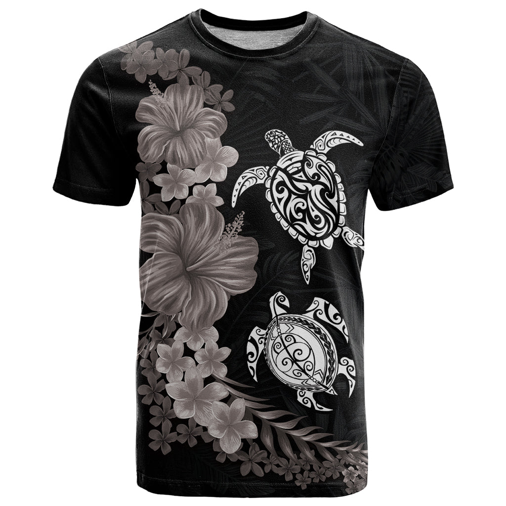 Hawaiian Flower and Tribal Turtle T Shirt Grayscale Mode LT03 Black - Polynesian Pride