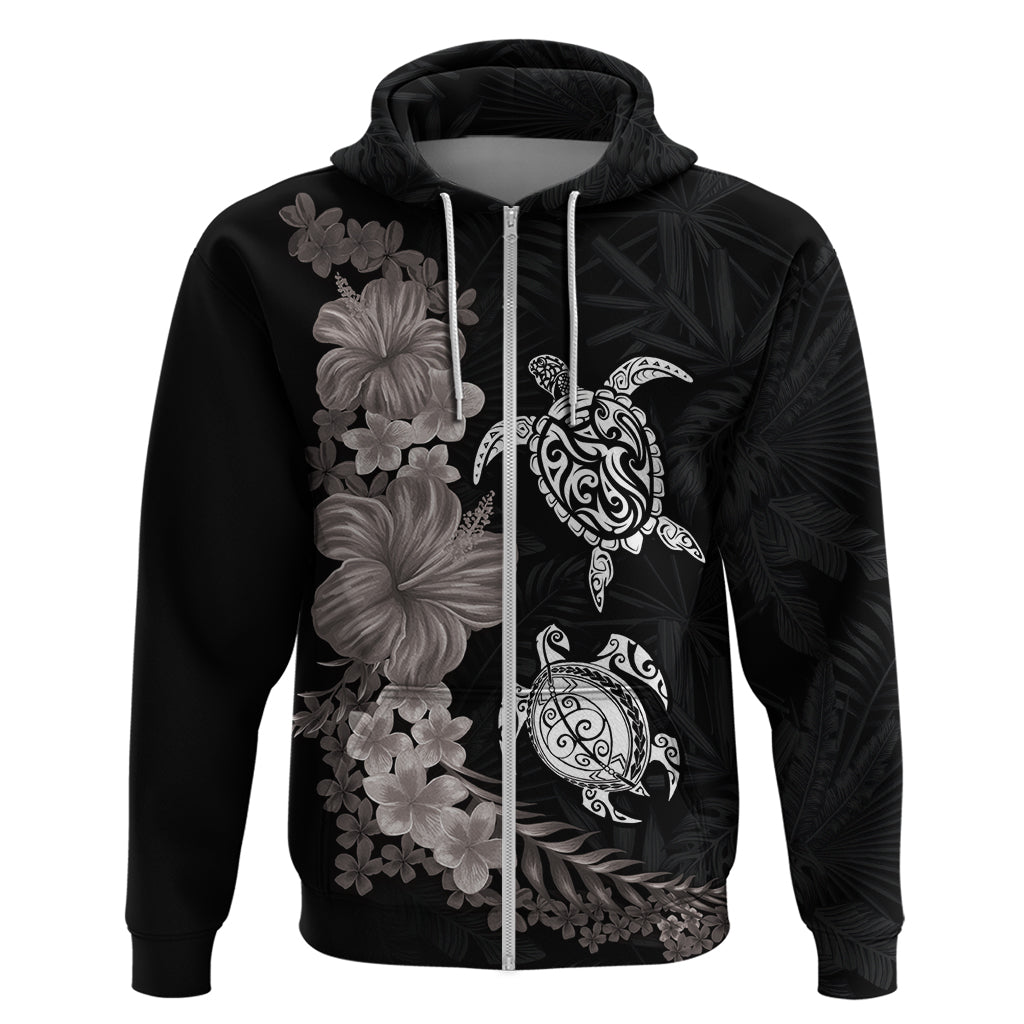 Hawaiian Flower and Tribal Turtle Zip Hoodie Grayscale Mode LT03 Zip Hoodie Black - Polynesian Pride