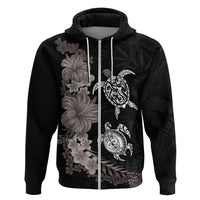 Hawaiian Flower and Tribal Turtle Zip Hoodie Grayscale Mode LT03 Zip Hoodie Black - Polynesian Pride