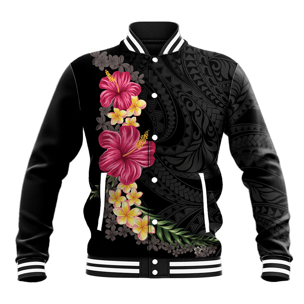 Hawaiian Plumeria and Hibiscus Baseball Jacket Colorful Style LT03 Unisex Black - Polynesian Pride