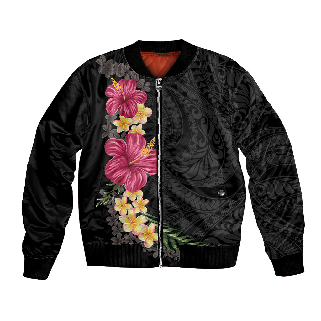 Hawaiian Plumeria and Hibiscus Bomber Jacket Colorful Style LT03 Unisex Black - Polynesian Pride