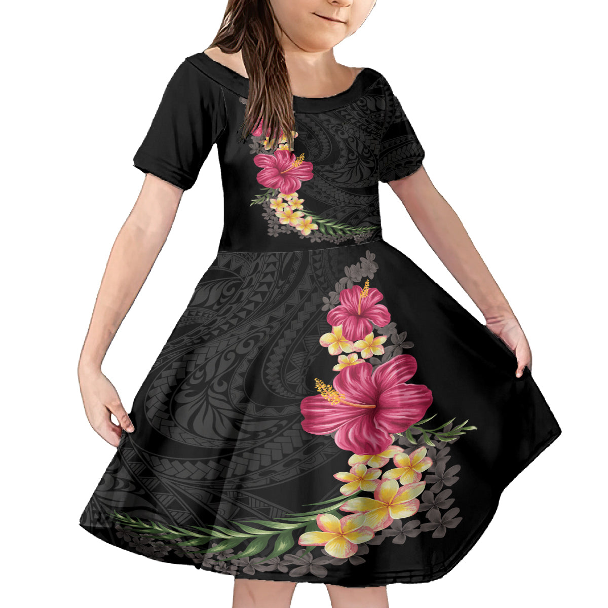 Hawaiian Plumeria and Hibiscus Kid Short Sleeve Dress Colorful Style LT03 KID Black - Polynesian Pride