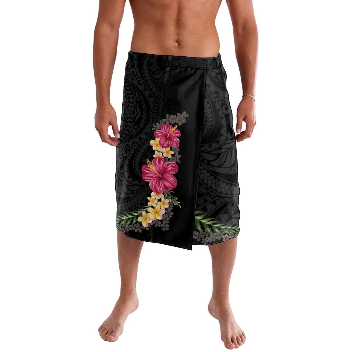Hawaiian Plumeria and Hibiscus Lavalava Colorful Style LT03 Black - Polynesian Pride