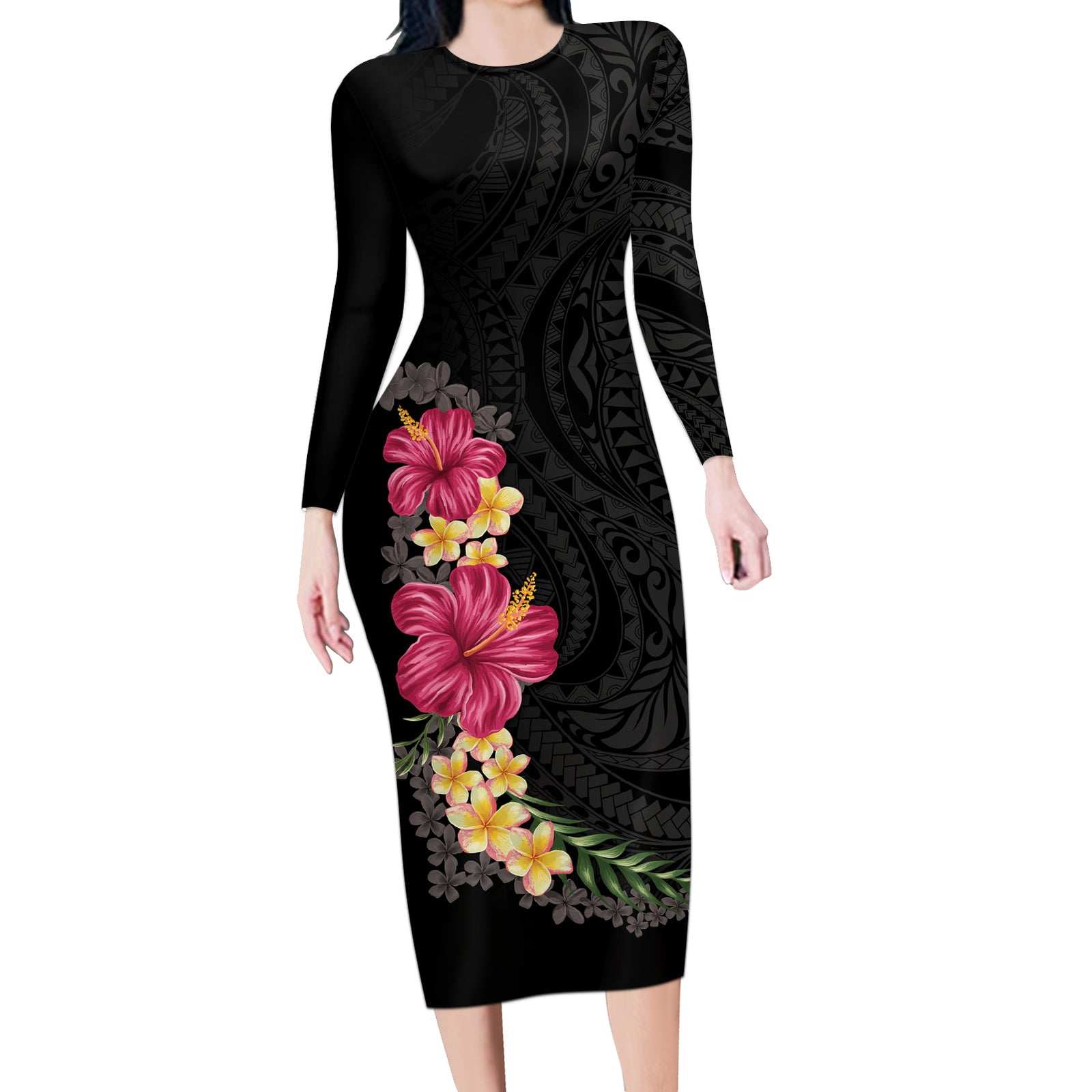 Hawaiian Plumeria and Hibiscus Long Sleeve Bodycon Dress Colorful Style LT03 Long Dress Black - Polynesian Pride
