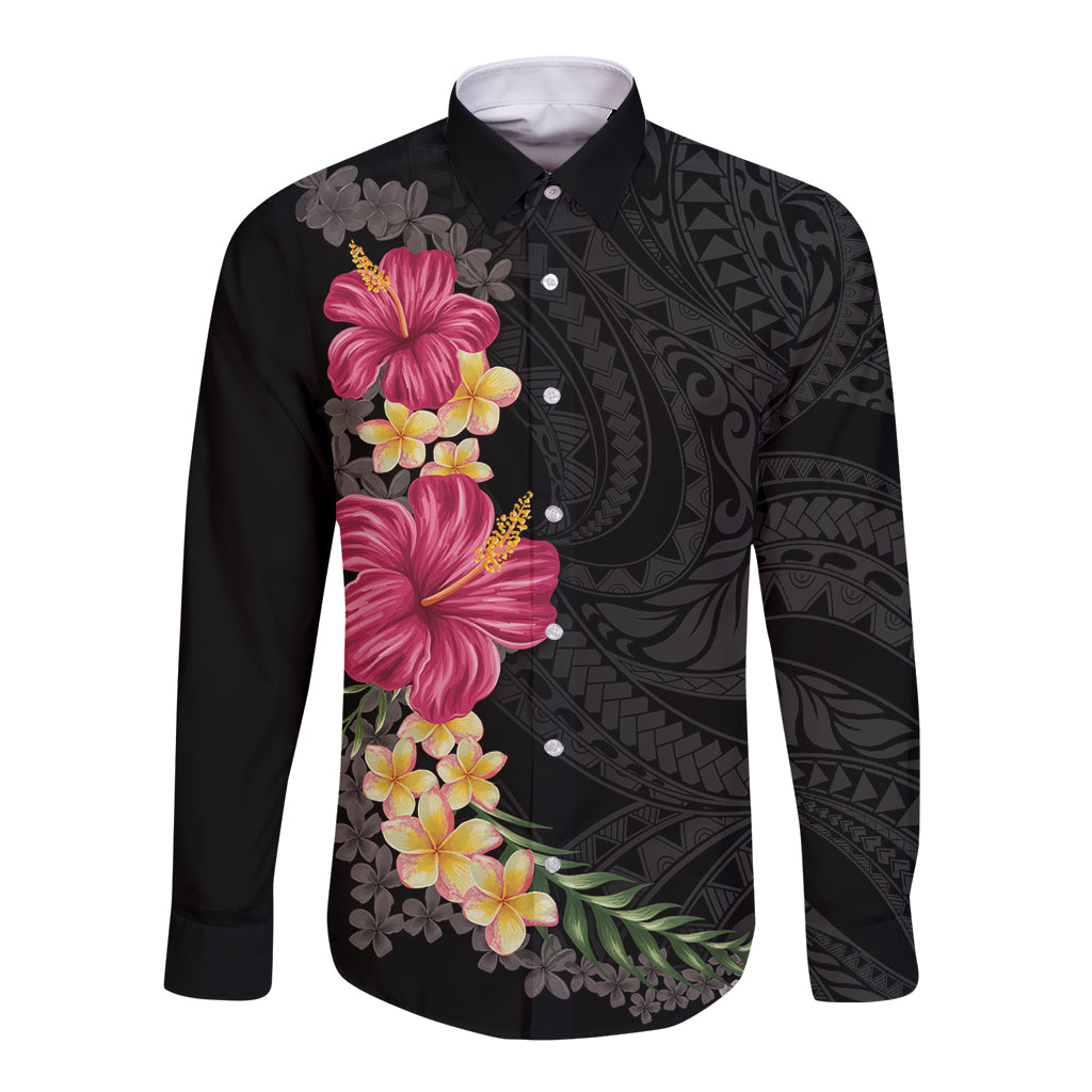 Hawaiian Plumeria and Hibiscus Long Sleeve Button Shirt Colorful Style LT03 Unisex Black - Polynesian Pride