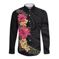Hawaiian Plumeria and Hibiscus Long Sleeve Button Shirt Colorful Style LT03 Unisex Black - Polynesian Pride
