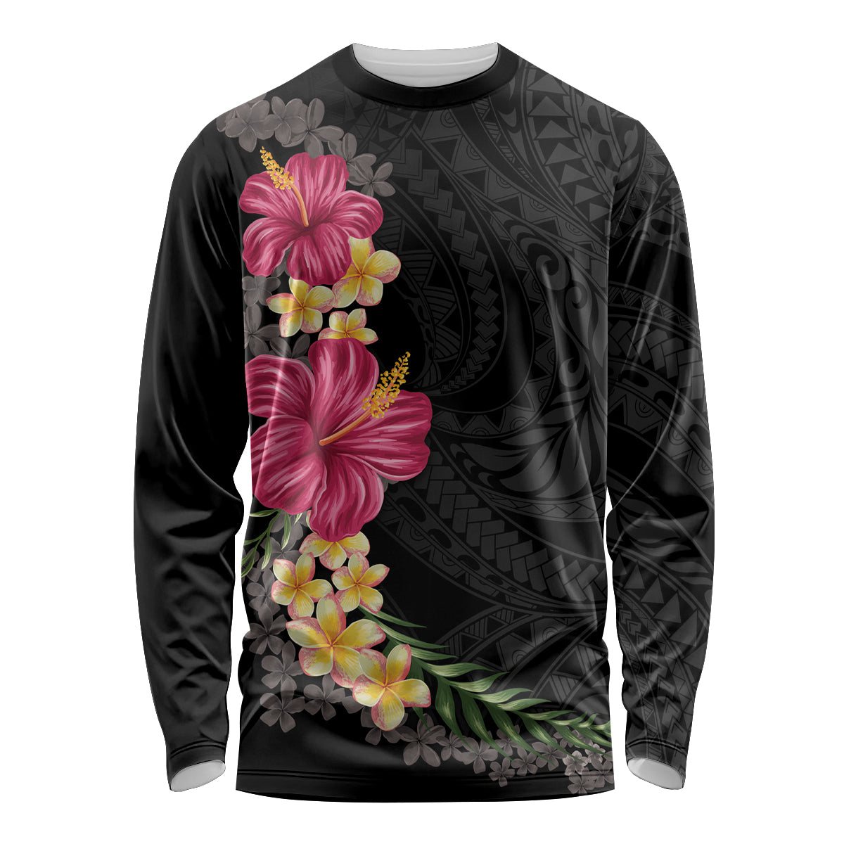 Hawaiian Plumeria and Hibiscus Long Sleeve Shirt Colorful Style LT03 Unisex Black - Polynesian Pride