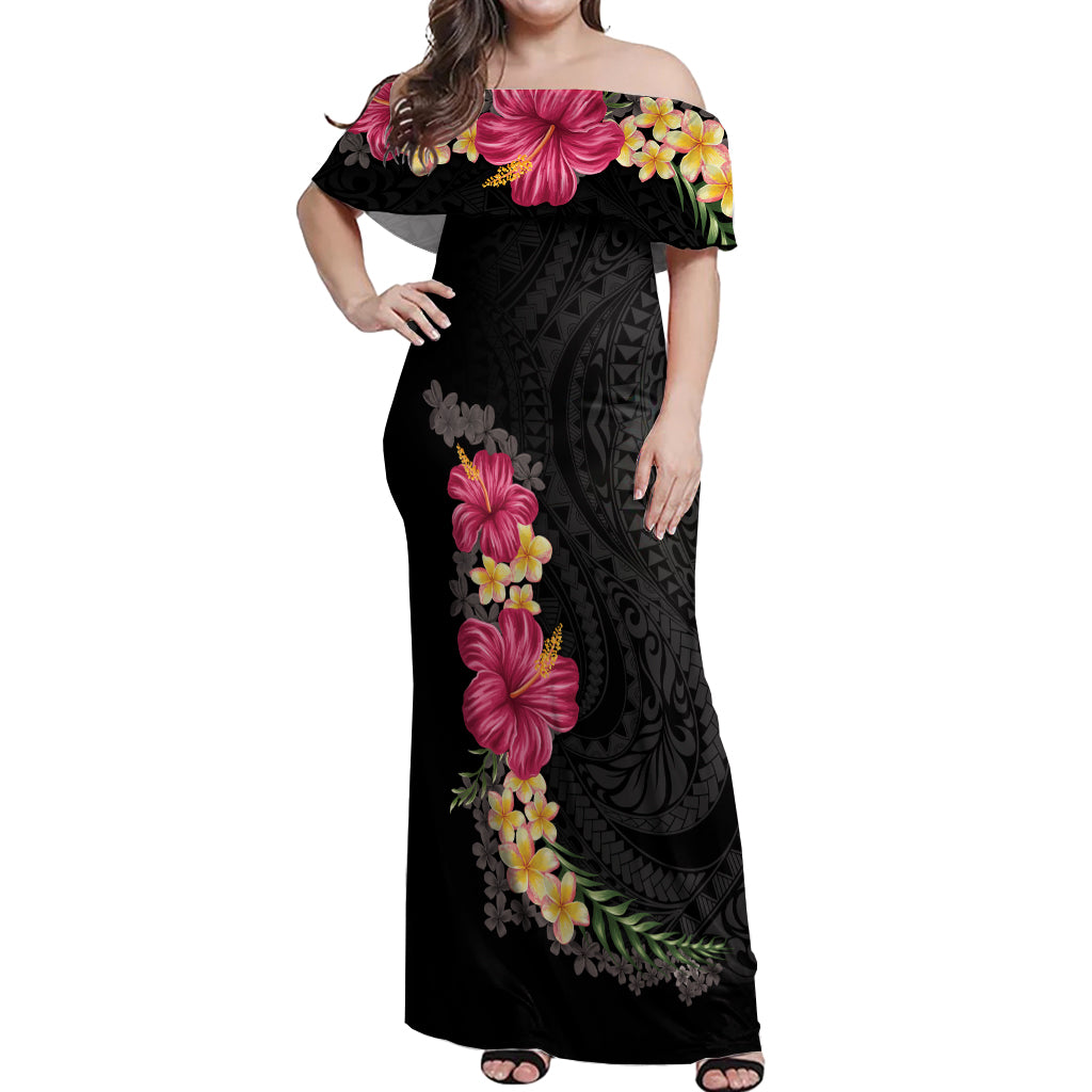 Hawaiian Plumeria and Hibiscus Off Shoulder Maxi Dress Colorful Style LT03 Women Black - Polynesian Pride
