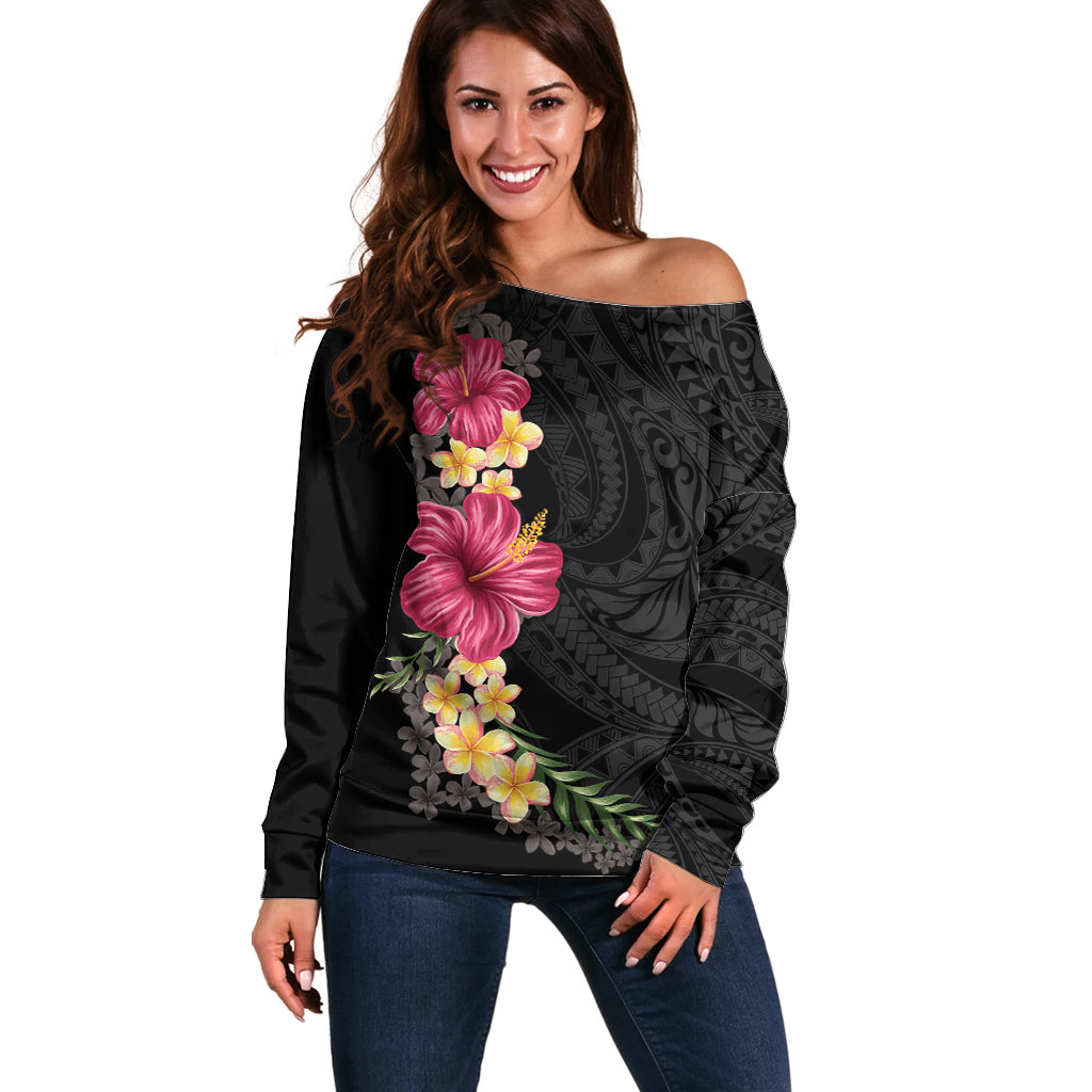 Hawaiian Plumeria and Hibiscus Off Shoulder Sweater Colorful Style LT03 Women Black - Polynesian Pride