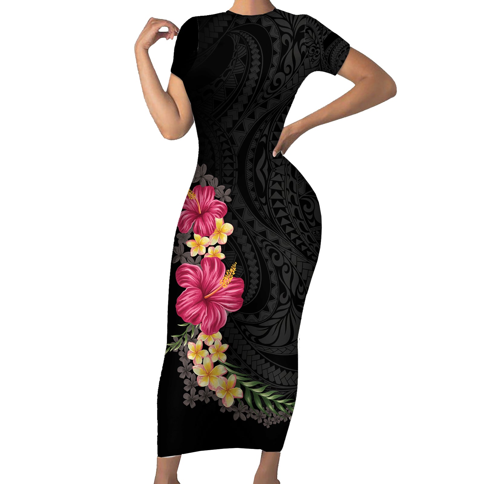 Hawaiian Plumeria and Hibiscus Short Sleeve Bodycon Dress Colorful Style LT03 Long Dress Black - Polynesian Pride