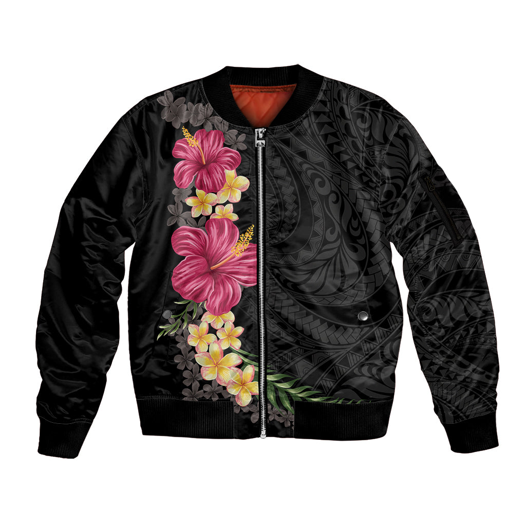 Hawaiian Plumeria and Hibiscus Sleeve Zip Bomber Jacket Colorful Style LT03 Unisex Black - Polynesian Pride