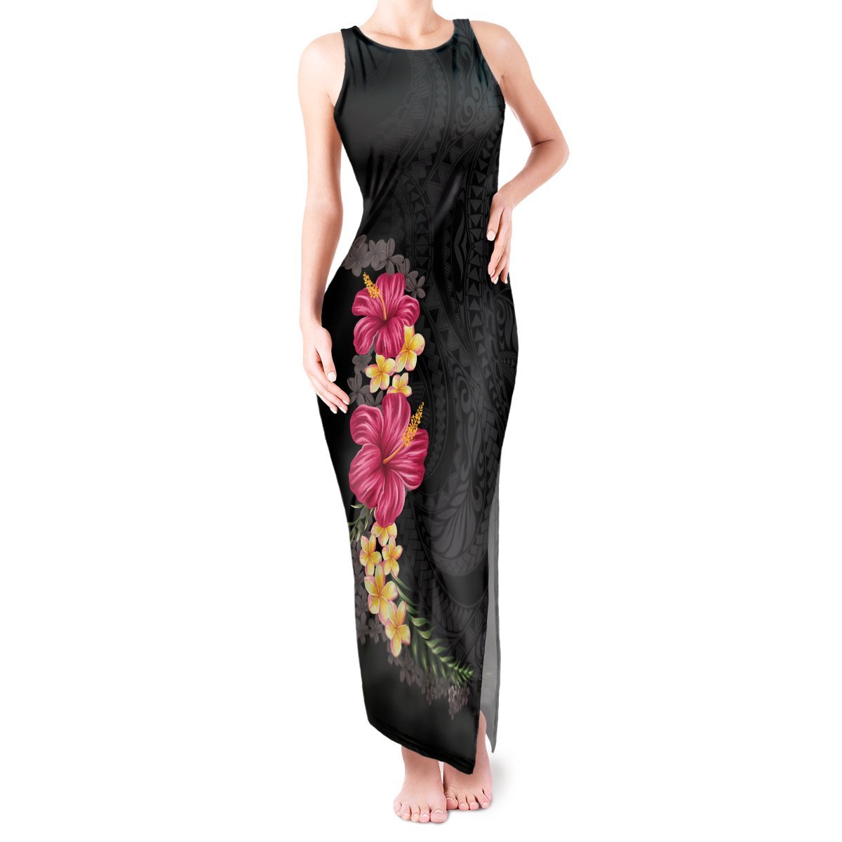 Hawaiian Plumeria and Hibiscus Tank Maxi Dress Colorful Style LT03 Women Black - Polynesian Pride