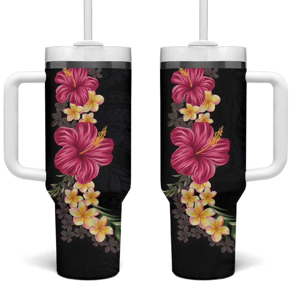 Hawaiian Plumeria and Hibiscus Tumbler With Handle - Colorful Style LT03 One Size: 40 oz Black - Polynesian Pride