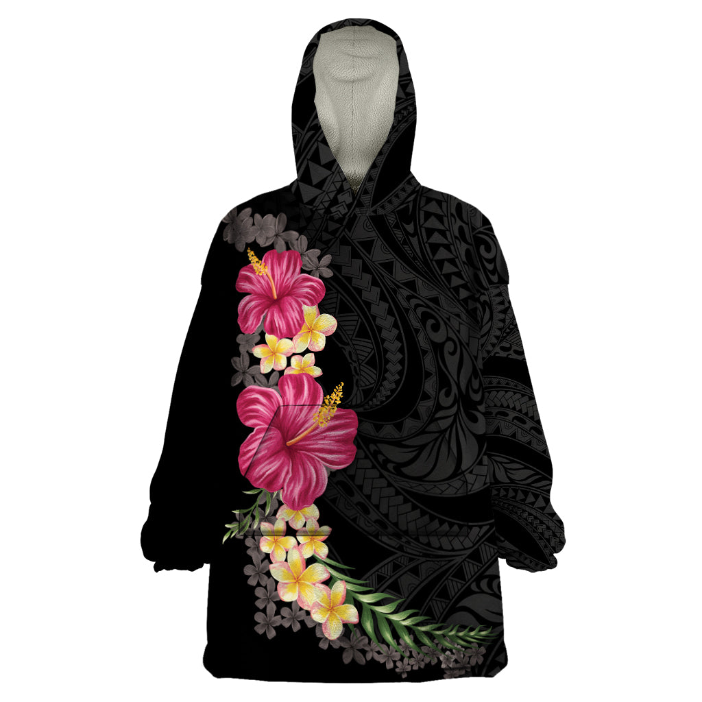 Hawaiian Plumeria and Hibiscus Wearable Blanket Hoodie Colorful Style LT03 One Size Black - Polynesian Pride