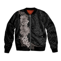 Hawaiian Plumeria and Hibiscus Bomber Jacket Grayscale Mode LT03 Unisex Black - Polynesian Pride