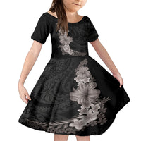 Hawaiian Plumeria and Hibiscus Kid Short Sleeve Dress Grayscale Mode LT03 KID Black - Polynesian Pride