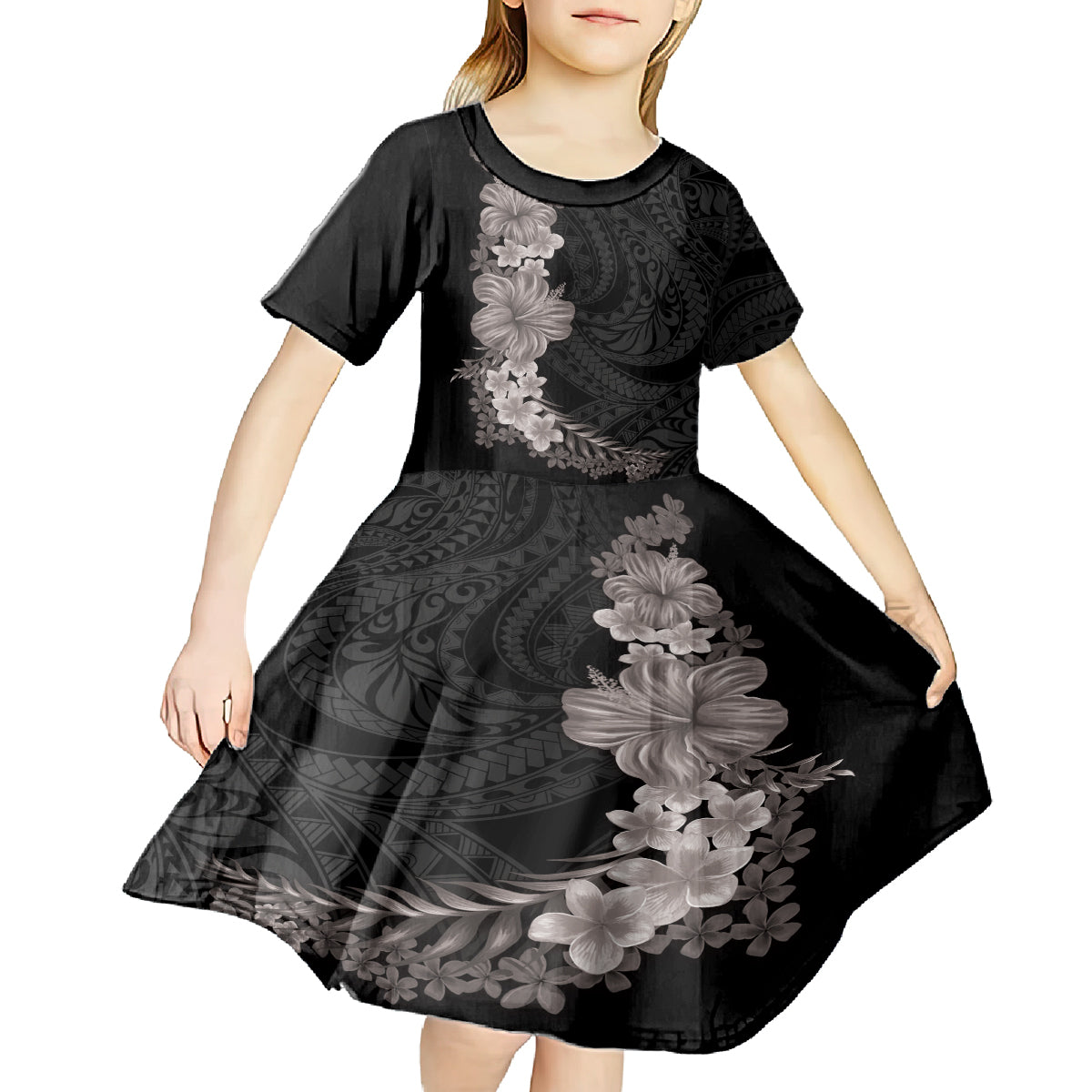Hawaiian Plumeria and Hibiscus Kid Short Sleeve Dress Grayscale Mode LT03 - Polynesian Pride