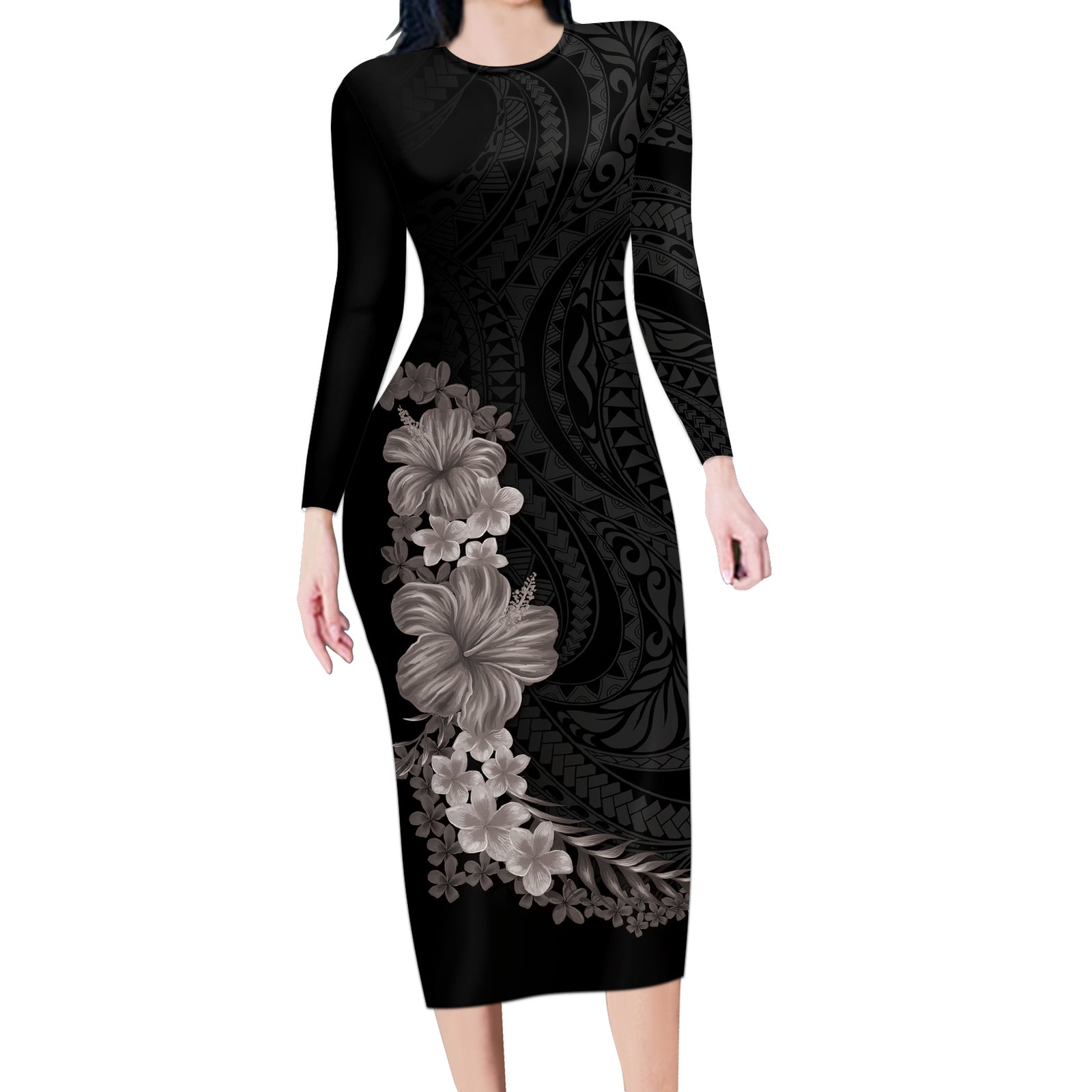 Hawaiian Plumeria and Hibiscus Long Sleeve Bodycon Dress Grayscale Mode LT03 Long Dress Black - Polynesian Pride