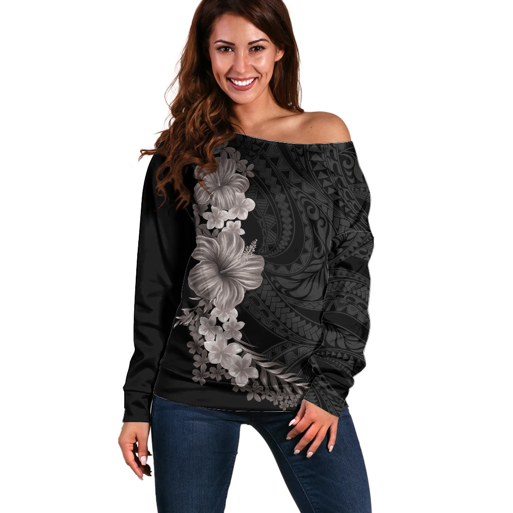 Hawaiian Plumeria and Hibiscus Off Shoulder Sweater Grayscale Mode LT03 Women Black - Polynesian Pride