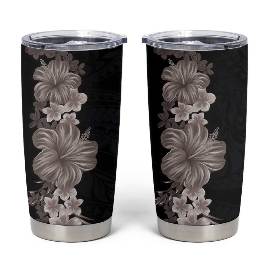 Hawaiian Plumeria and Hibiscus Tumbler Cup Grayscale Mode LT03 Black - Polynesian Pride