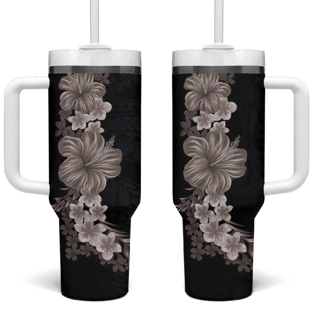 Hawaiian Plumeria and Hibiscus Tumbler With Handle Grayscale Mode LT03 One Size: 40 oz Black - Polynesian Pride