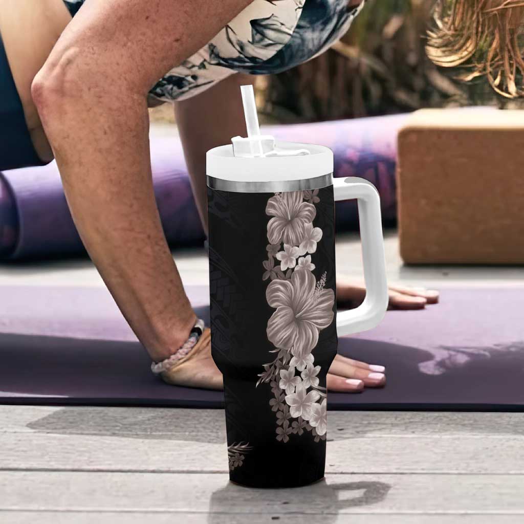 Hawaiian Plumeria and Hibiscus Tumbler With Handle Grayscale Mode LT03 - Polynesian Pride