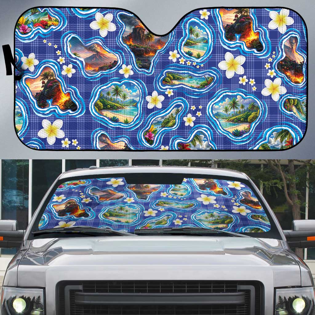 Hawaiian Island Shapes-Iconic Landscape Auto Sun Shade with Plumeria and Palaka Blue Color LT03 Blue - Polynesian Pride