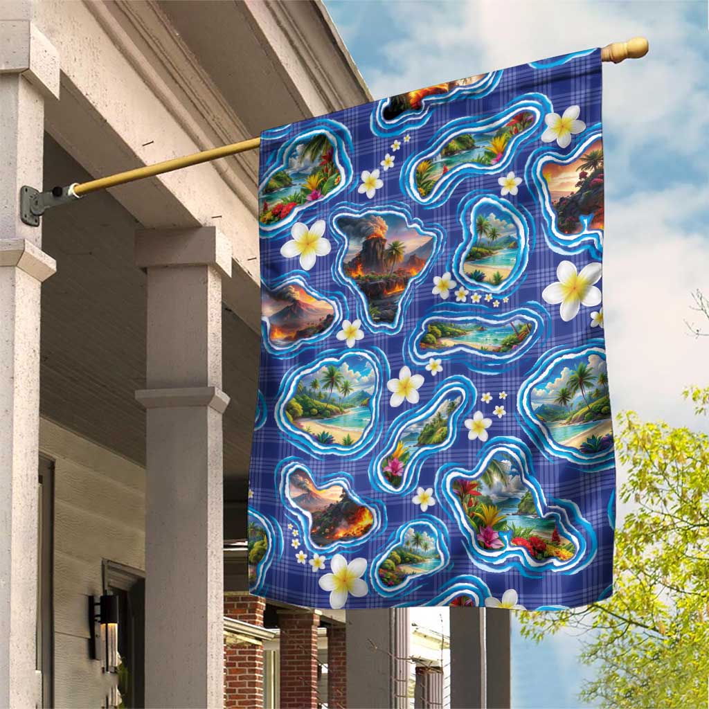 Hawaiian Island Shapes-Iconic Landscape Garden Flag with Plumeria and Palaka Blue Color LT03 House Flag Blue - Polynesian Pride