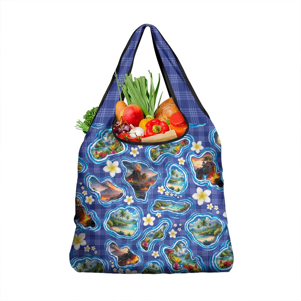 Hawaiian Island Shapes-Iconic Landscape Grocery Bag with Plumeria and Palaka Blue Color LT03 1-pack One Size Blue - Polynesian Pride