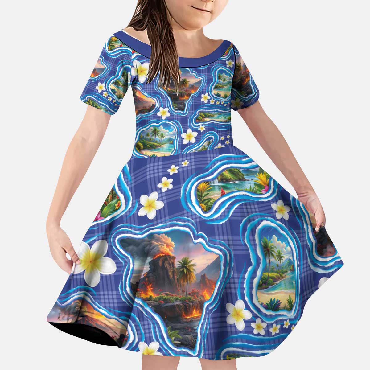 Hawaiian Island Shapes-Iconic Landscape Kid Short Sleeve Dress with Plumeria and Palaka Blue Color LT03 KID Blue - Polynesian Pride