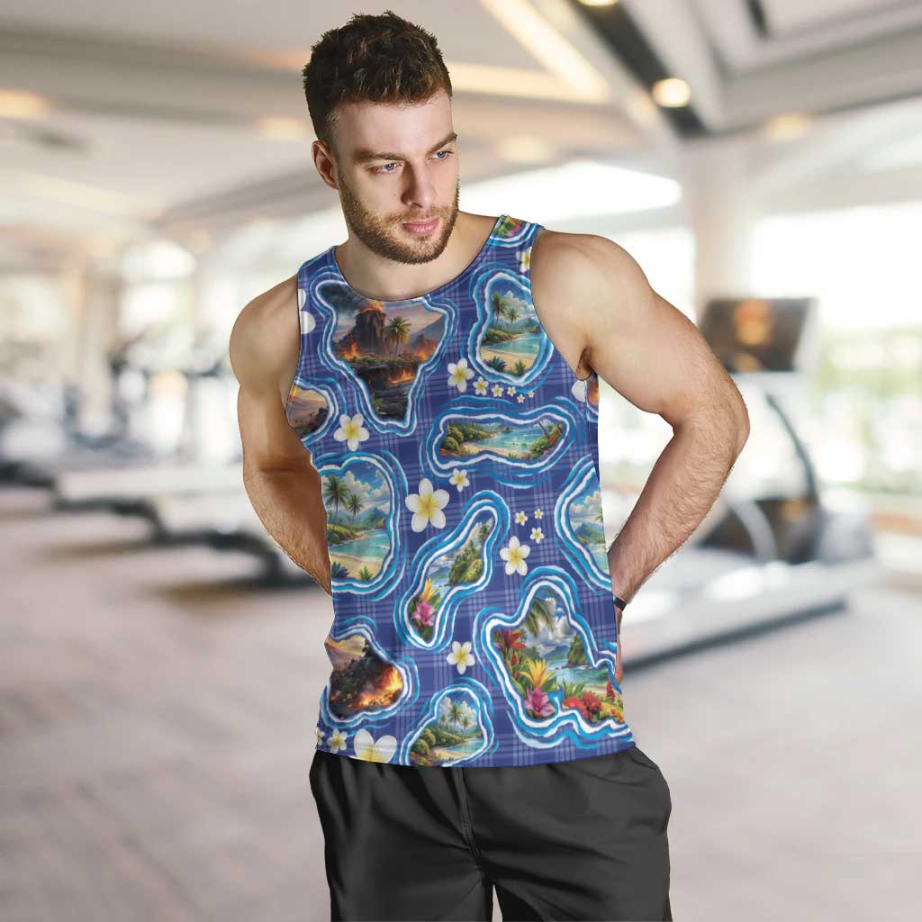 Hawaiian Island Shapes-Iconic Landscape Men Tank Top with Plumeria and Palaka Blue Color LT03 Blue - Polynesian Pride