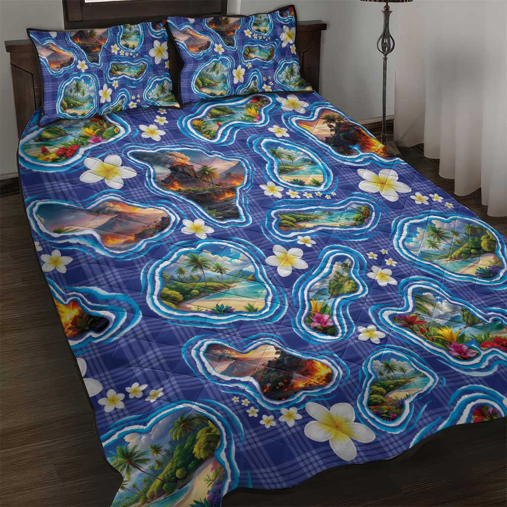 Hawaiian Island Shapes-Iconic Landscape Quilt Bed Set with Plumeria and Palaka Blue Color LT03 Blue - Polynesian Pride
