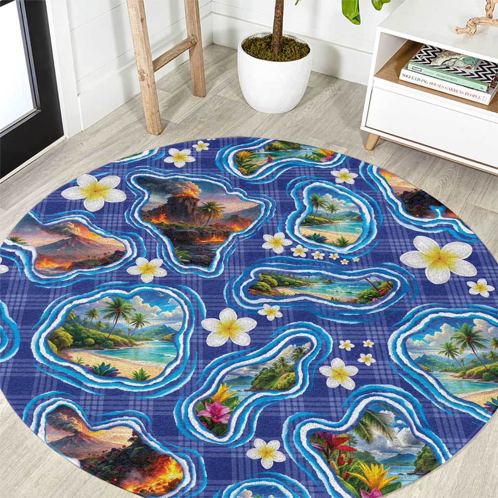 Hawaiian Island Shapes-Iconic Landscape Round Carpet with Plumeria and Palaka Blue Color LT03 Blue - Polynesian Pride