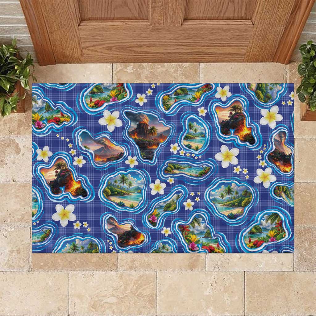 Hawaiian Island Shapes-Iconic Landscape Rubber Doormat with Plumeria and Palaka Blue Color LT03 Blue - Polynesian Pride