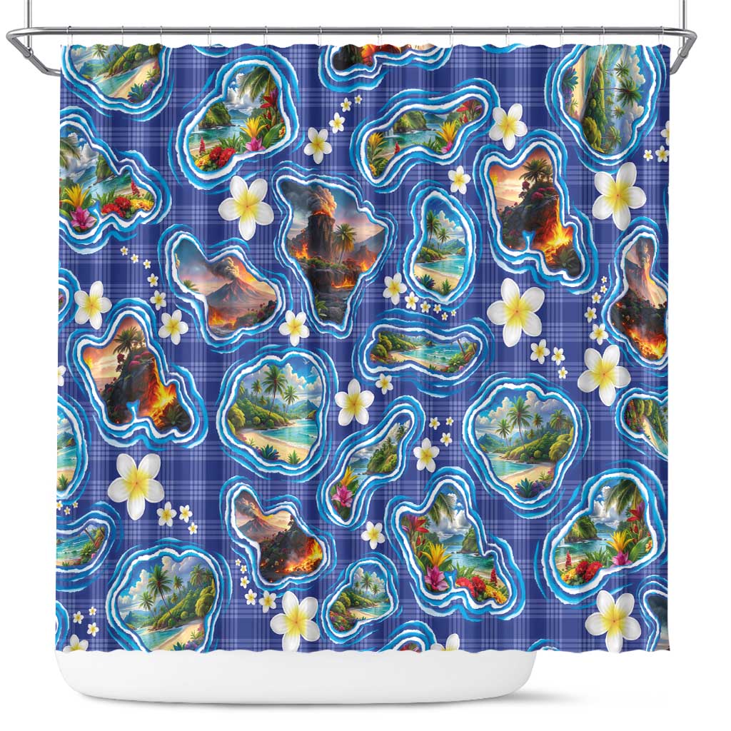 Hawaiian Island Shapes-Iconic Landscape Shower Curtain with Plumeria and Palaka Blue Color LT03 Blue - Polynesian Pride