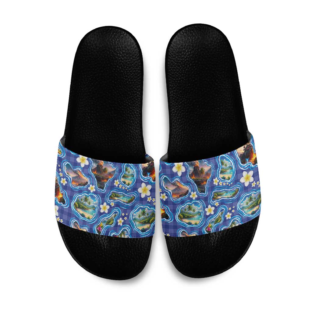 Hawaiian Island Shapes-Iconic Landscape Slide Sandals with Plumeria and Palaka Blue Color LT03 Blue - Polynesian Pride
