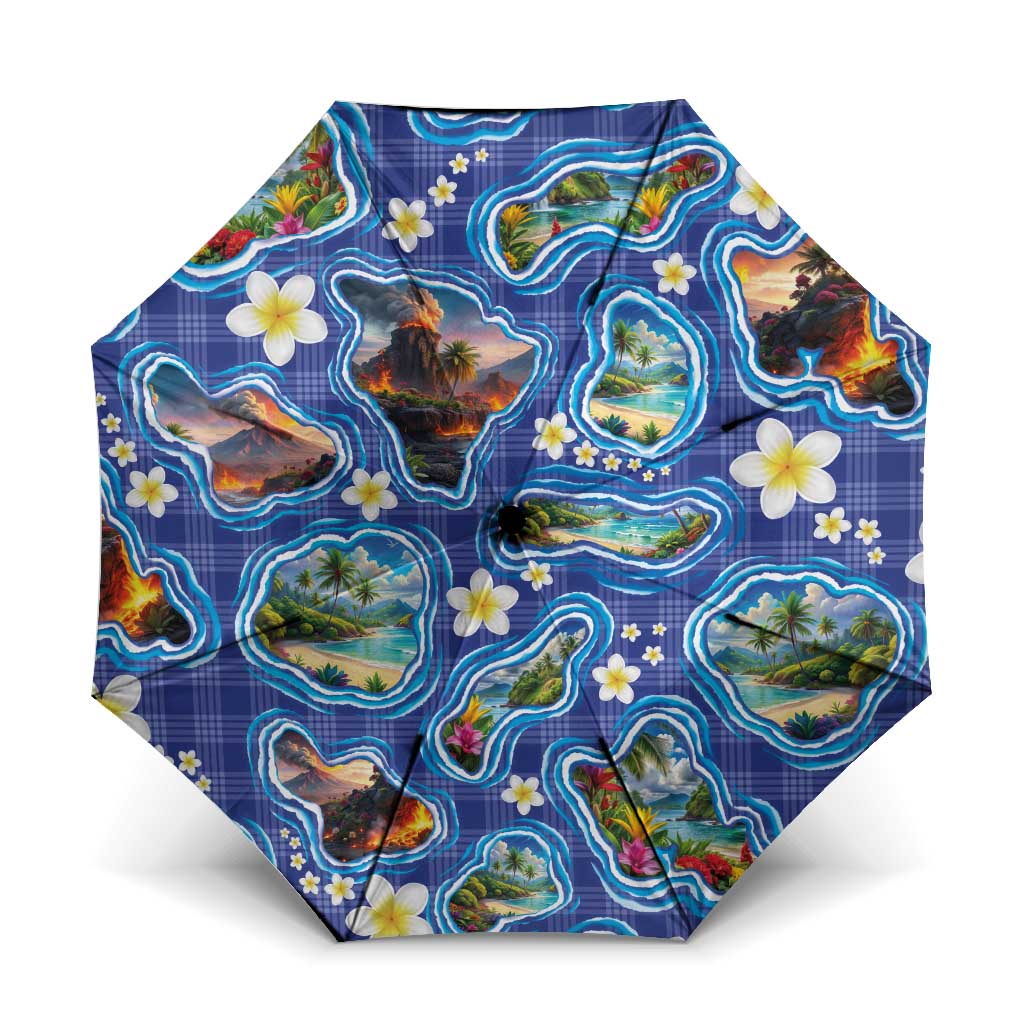Hawaiian Island Shapes-Iconic Landscape Umbrella with Plumeria and Palaka Blue Color LT03 One Size Folded 11.42 inch Opened Diameter 37.4 inch Blue - Polynesian Pride