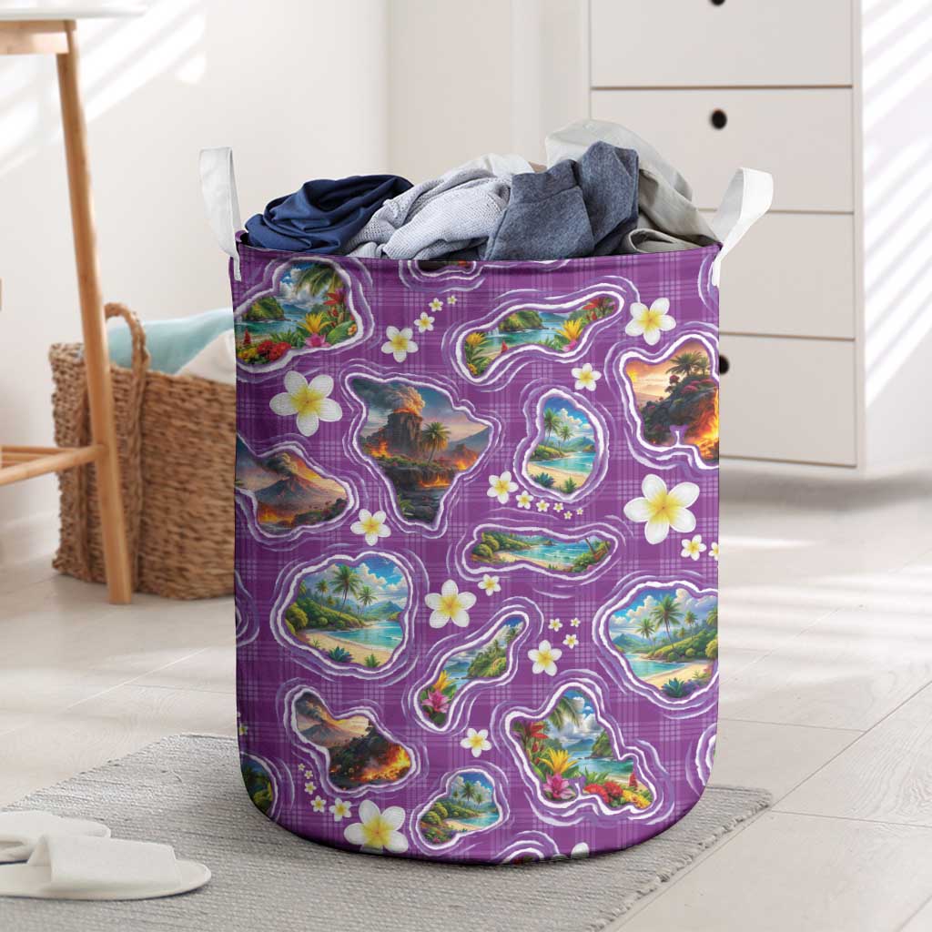 Hawaiian Island Shapes-Iconic Landscape Laundry Basket with Plumeria and Palaka Purple Color LT03 Purple - Polynesian Pride