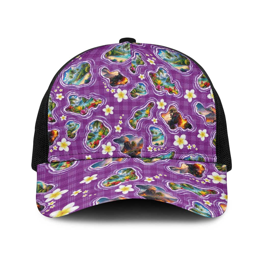 Hawaiian Island Shapes-Iconic Landscape Baseball Net Cap with Plumeria and Palaka Purple Color LT03 One Size Black Purple - Polynesian Pride