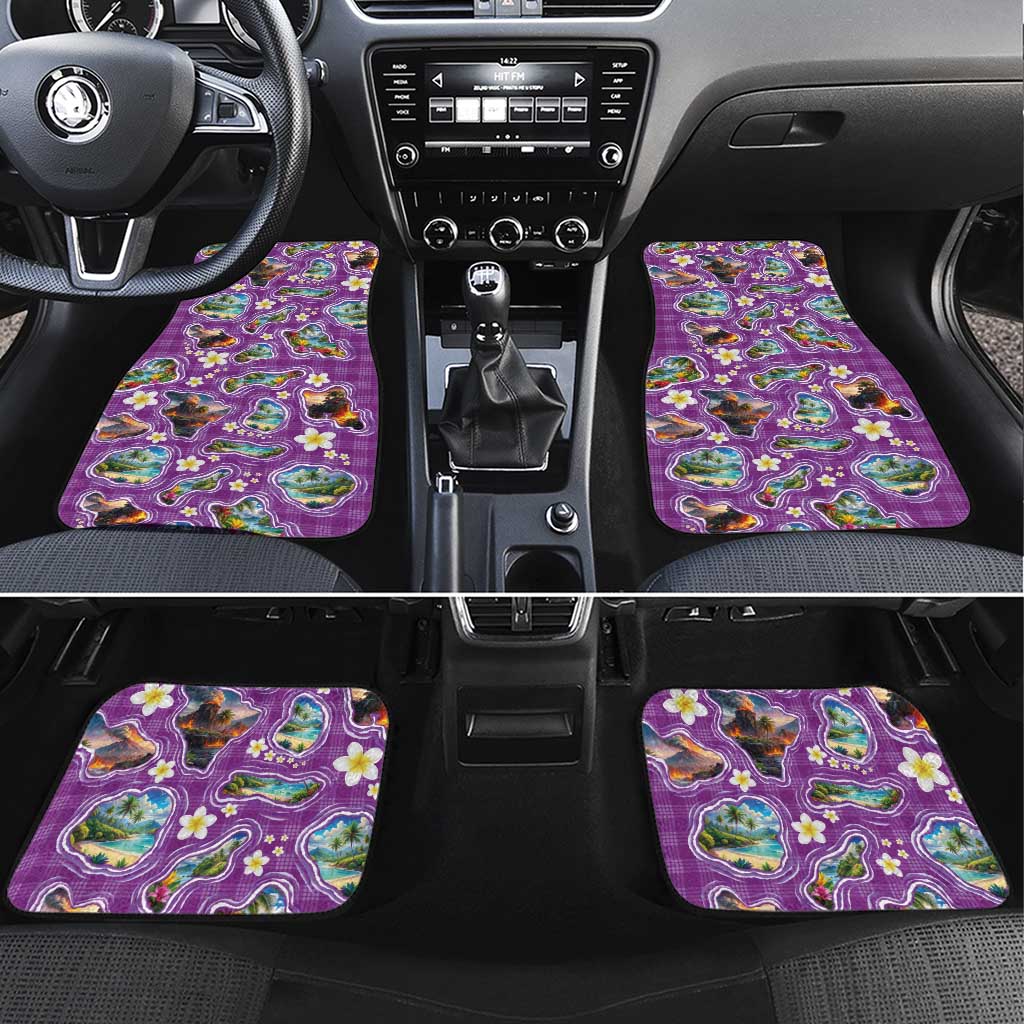 Hawaiian Island Shapes-Iconic Landscape Car Mats with Plumeria and Palaka Purple Color LT03 Set 4pcs Purple - Polynesian Pride