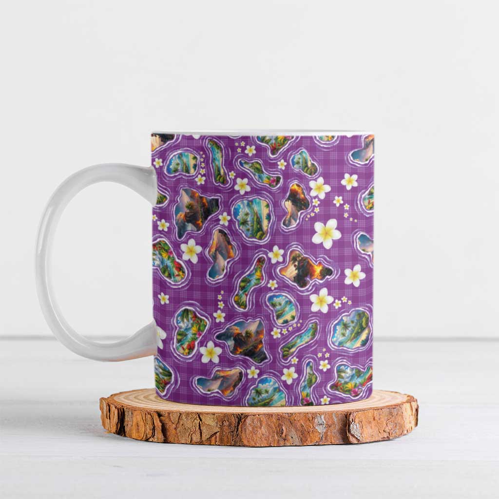 Hawaiian Island Shapes-Iconic Landscape Ceramic Mug with Plumeria and Palaka Purple Color LT03 Purple - Polynesian Pride