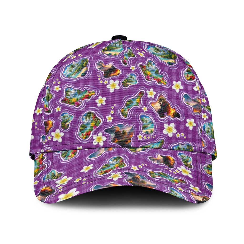 Hawaiian Island Shapes-Iconic Landscape Classic Cap with Plumeria and Palaka Purple Color LT03 Universal Fit Purple - Polynesian Pride