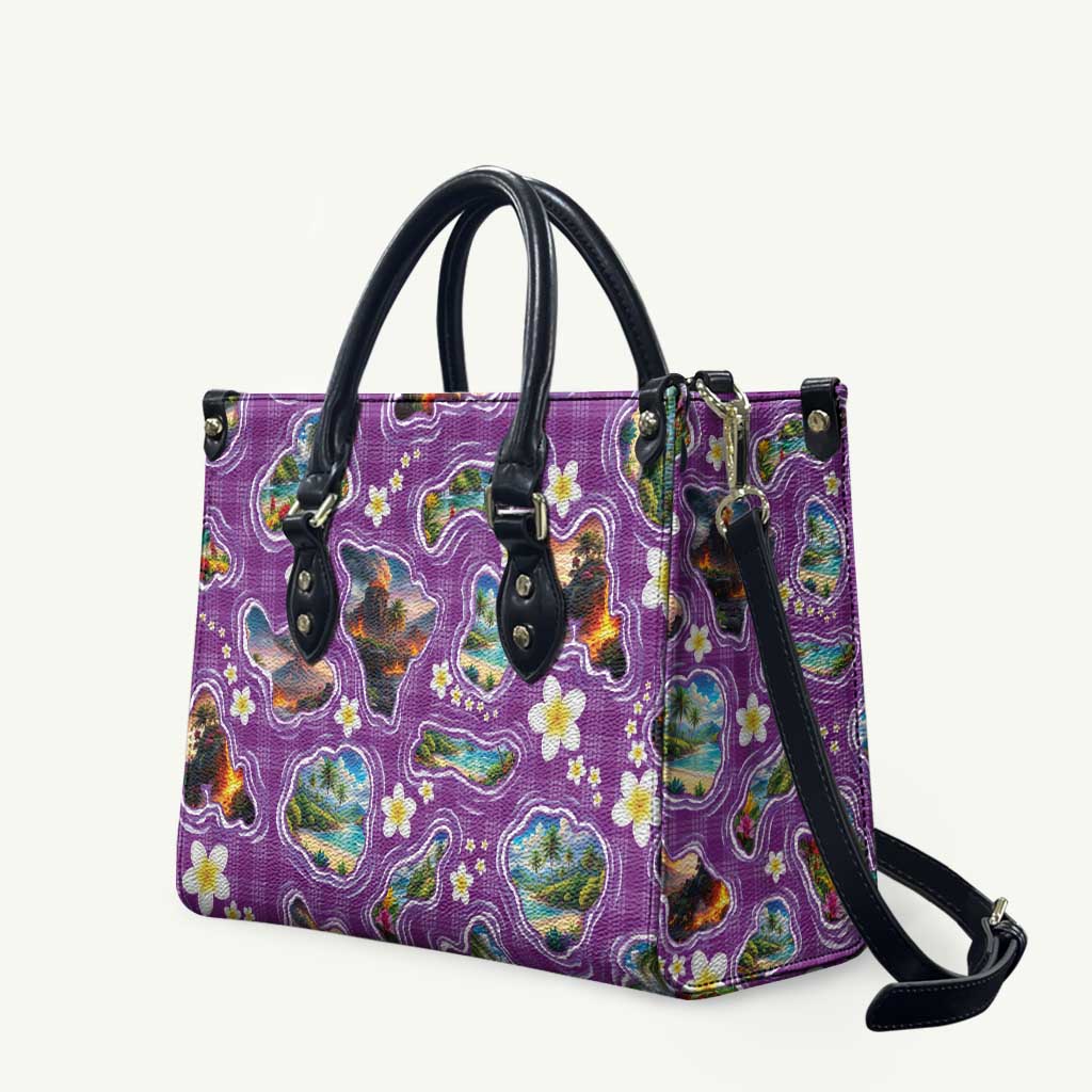 Hawaiian Island Shapes-Iconic Landscape Leather Bag with Plumeria and Palaka Purple Color LT03 Purple - Polynesian Pride