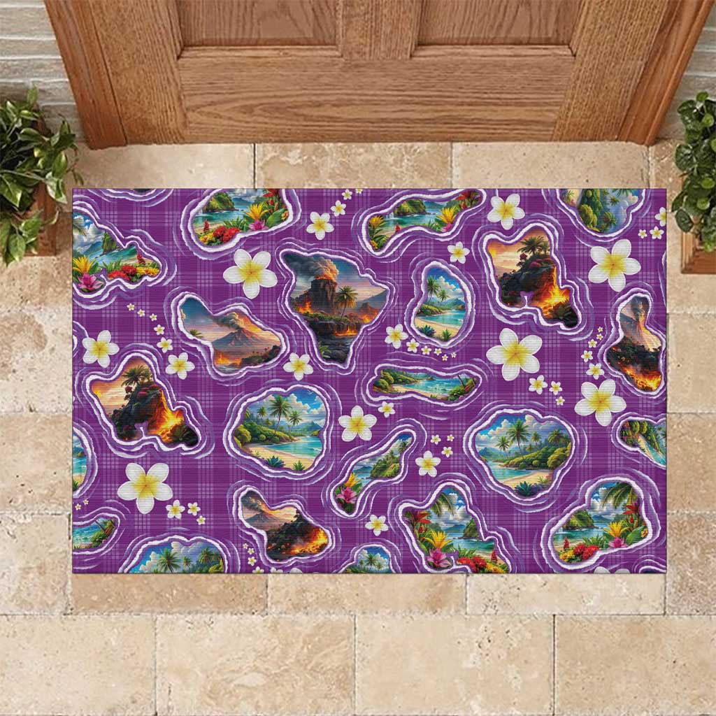 Hawaiian Island Shapes-Iconic Landscape Rubber Doormat with Plumeria and Palaka Purple Color LT03 Purple - Polynesian Pride
